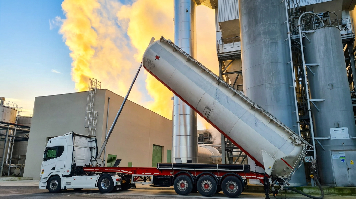 Semirimorchio cisterna silo durante lo scarico pneumatico in stabilimento industriale
